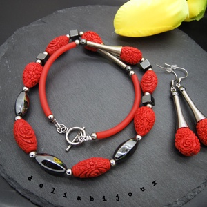 Set bijuterii handmade - hematit si cinabru (cod973) - bijuterii - seturi de bijuterii - Artynos.ro