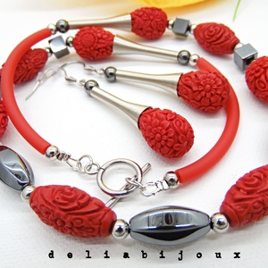 Set bijuterii handmade - hematit si cinabru (cod973) - bijuterii - seturi de bijuterii - Artynos.ro