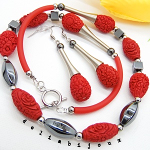 Set bijuterii handmade - hematit si cinabru (cod973), Bijuterii, Seturi de bijuterii, Confectionarea bijuteriilor, ARTYNOS