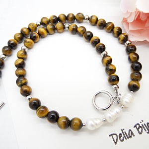 Colier handmade - ochi de tigru si perle cultura (cod1248) - bijuterii - coliere - coliere statement - Artynos.ro