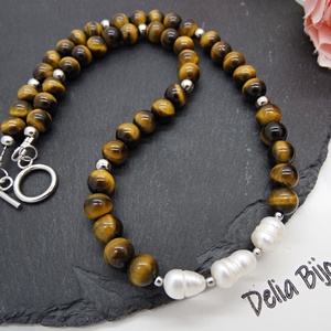 Colier handmade - ochi de tigru si perle cultura (cod1248) - Artynos.ro