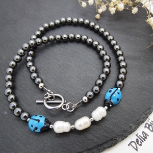Colier handmade unicat - perle cultura, hematit, sticla Murano (cod1216) - bijuterii - coliere - coliere statement - Artynos.ro