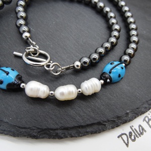 Colier handmade unicat - perle cultura, hematit, sticla Murano (cod1216) - bijuterii - coliere - coliere statement - Artynos.ro