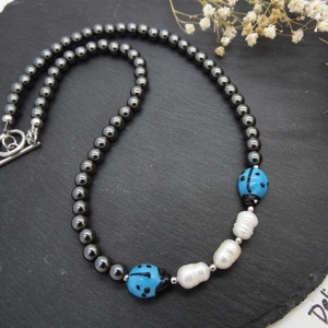 Colier handmade unicat - perle cultura, hematit, sticla Murano (cod1216) - Artynos.ro
