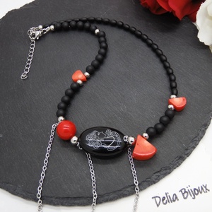 Colier handmade unicat - coral, onix, scoica (cod1211) - bijuterii - coliere - Artynos.ro