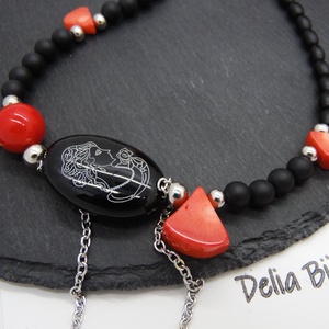 Colier handmade unicat - coral, onix, scoica (cod1211) - bijuterii - coliere - Artynos.ro