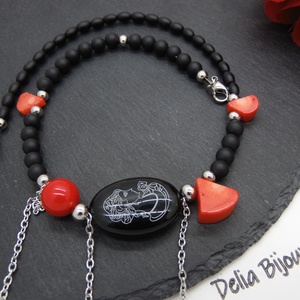 Colier handmade unicat - coral, onix, scoica (cod1211) - bijuterii - coliere - Artynos.ro