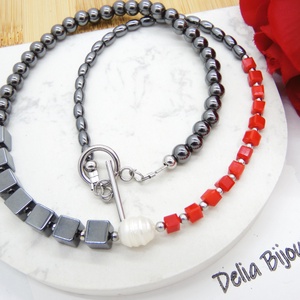 Colier handmade unicat - perla cultura, hematit (cod1210) - bijuterii - coliere - coliere statement - Artynos.ro