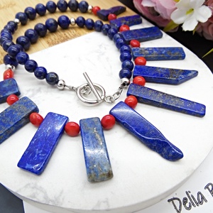 Colier handmade statement unicat - coral si lapis lazuli (cod1129) - bijuterii - coliere - coliere statement - Artynos.ro