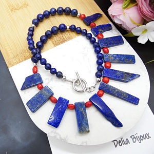 Colier handmade statement unicat - coral si lapis lazuli (cod1129) - bijuterii - coliere - coliere statement - Artynos.ro