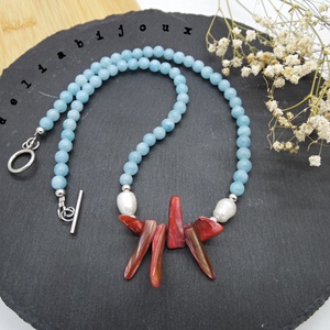 Colier handmade - angelit, sidef si perle cultura (cod1061) - bijuterii - coliere - coliere statement - Artynos.ro