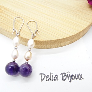 Cercei handmade cu ametist natural și perle de cultură bijuterii elegante unicat (cod1303) - bijuterii - cercei - Artynos.ro