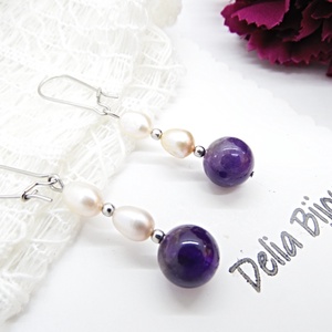 Cercei handmade cu ametist natural și perle de cultură bijuterii elegante unicat (cod1303) - bijuterii - cercei - Artynos.ro
