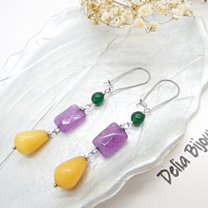 Cercei handmade cu jad galben, ametist si jad verde combinatie vibranta de pietre naturale (cod1336), Bijuterii, Cercei, Cercei din pietre semipretioase, Confectionarea bijuteriilor, ARTYNOS