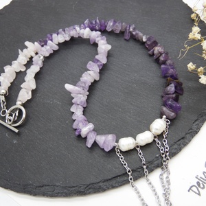 Colier handmade unicat - ametist, cuart si perle cultura (cod1219) - bijuterii - coliere - coliere din pietre semiprețioase - Artynos.ro