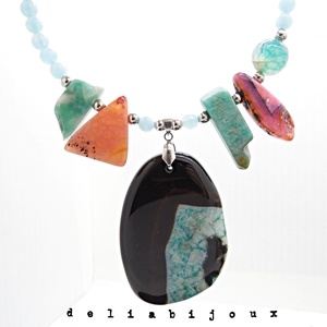 Colier statement - agat, angelit și amazonit bijuterie handmade cu pietre naturale (cod1355) - bijuterii - coliere - coliere din pietre semiprețioase - Artynos.ro