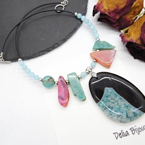 Colier statement - agat, angelit și amazonit bijuterie handmade cu pietre naturale (cod1355) - bijuterii - coliere - coliere din pietre semiprețioase - Artynos.ro