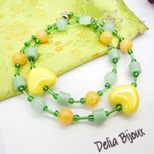 Colier handmade cu mărgele galbene și accente verzi model unicat (cod1239) - bijuterii - coliere - coliere din mărgele - Artynos.ro