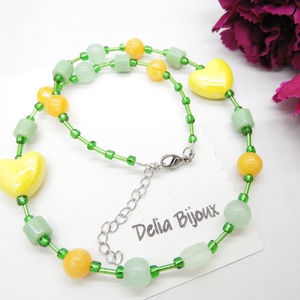 Colier handmade cu mărgele galbene și accente verzi model unicat (cod1239) - bijuterii - coliere - coliere din mărgele - Artynos.ro