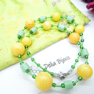 Colier handmade cu mărgele galbene și accente verzi model unicat (cod1237) - bijuterii - coliere - coliere din mărgele - Artynos.ro