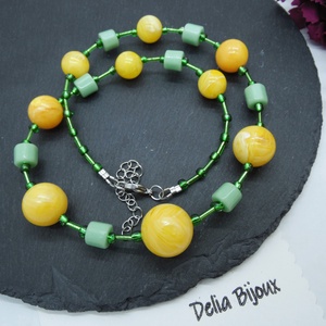 Colier handmade cu mărgele galbene și accente verzi model unicat (cod1237) - bijuterii - coliere - coliere din mărgele - Artynos.ro