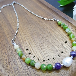 Colier lant otel inoxidabil, agate si perla de cultura naturala (cod1152) - bijuterii - coliere - coliere din pietre semiprețioase - Artynos.ro