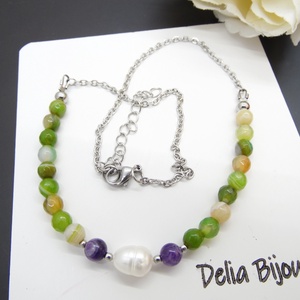 Colier lant otel inoxidabil, agate si perla de cultura naturala (cod1152) - bijuterii - coliere - coliere din pietre semiprețioase - Artynos.ro