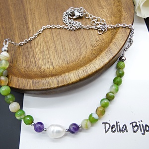 Colier lant otel inoxidabil, agate si perla de cultura naturala (cod1152) - bijuterii - coliere - coliere din pietre semiprețioase - Artynos.ro