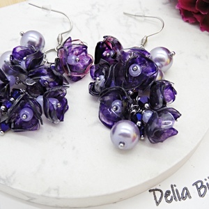 Cercei Statement Mov din Plastic Reciclat Flori Handmade cu Perle și Cristale, Bijuterii Eco Unicat (cod1357) - bijuterii - cercei - cercei lungi - Artynos.ro