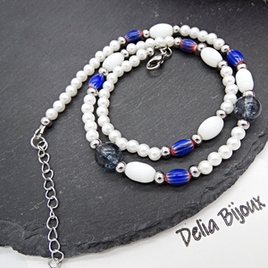 Colier unicat din sticlă și perle compoziție alb si albastru (cod1362) - bijuterii - coliere - coliere din mărgele - Artynos.ro