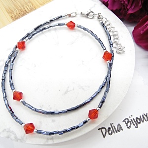 Colier unicat din margele tubulare gri inchis si cristale de sticla rosii (cod1364), Bijuterii, Coliere, Coliere din margele, Confectionarea bijuteriilor, ARTYNOS