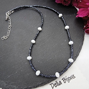 Colier unicat din mărgele de nisip gri și cristale albe fațetate (cod1365) - bijuterii - coliere - coliere din mărgele - Artynos.ro