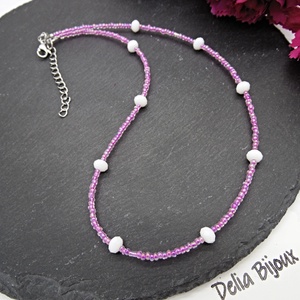 Colier unicat din margele de nisip roz si cristale albe fatetate (cod1366) - Artynos.ro