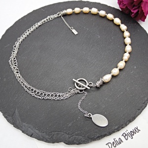 Colier asimetric cu perle de cultură, lanțuri și pandantiv din inox 3 moduri de purtare (cod1368) - bijuterii - coliere - coliere din mărgele - Artynos.ro