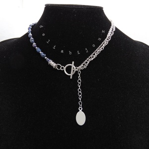 Colier asimetric cu perle de cultură, lanțuri și pandantiv din inox 3 moduri de purtare (cod1369) - bijuterii - coliere - coliere din mărgele - Artynos.ro