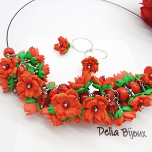 Set Bijuterii Handmade Colier și Cercei cu Flori Roșii (cod1374) - bijuterii - seturi de bijuterii - Artynos.ro