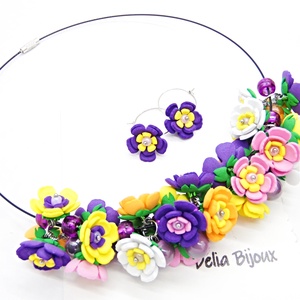 Set bijuterii handmade - flori multicolore colier și cercei (cod1376) - bijuterii - seturi de bijuterii - Artynos.ro