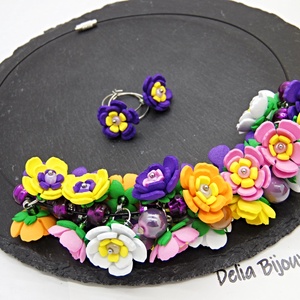Set bijuterii handmade - flori multicolore colier și cercei (cod1376) - bijuterii - seturi de bijuterii - Artynos.ro