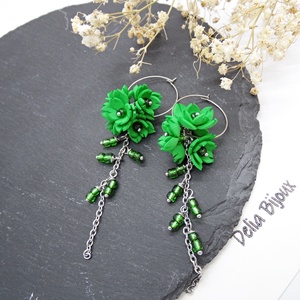 Cercei handmade, lungi cu flori verzi (cod1390) - bijuterii - cercei - cercei lungi - Artynos.ro