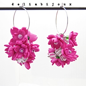 Cercei handmade, lungi cu flori ciclam (cod1393) - bijuterii - cercei - cercei lungi - Artynos.ro