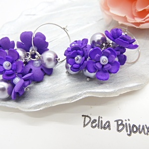Cercei handmade, lungi cu flori mov si perle lila (cod1396) - bijuterii - cercei - cercei lungi - Artynos.ro