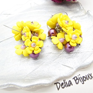 Cercei handmade, lungi cu flori galbene si perle (cod1397) - bijuterii - cercei - cercei lungi - Artynos.ro