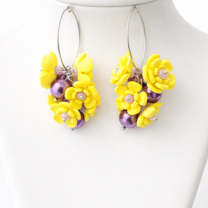 Cercei handmade, lungi cu flori galbene si perle (cod1397), Bijuterii, Cercei, Cercei lungi, Confectionarea bijuteriilor, ARTYNOS