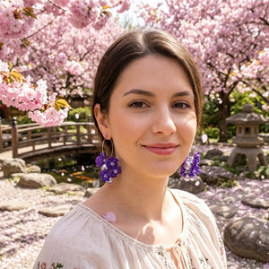 Cercei handmade, lungi cu flori mov si perle lila (cod1396), Bijuterii, Cercei, Cercei lungi, Confectionarea bijuteriilor, ARTYNOS