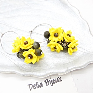 Cercei handmade cu flori galbene si margele de sticla ochi de pisica (cod1405) - bijuterii - cercei - cercei lungi - Artynos.ro