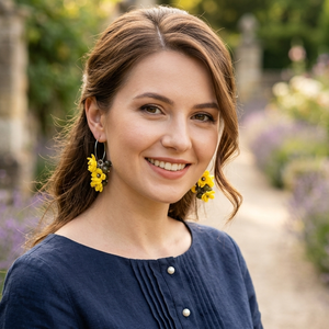 Cercei handmade cu flori galbene si margele de sticla ochi de pisica (cod1405), Bijuterii, Cercei, Cercei lungi, Confectionarea bijuteriilor, ARTYNOS