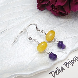 Cercei handmade eleganți - agat galben fațetat și ametist free form - bijuterie cu pietre naturale (cod1409) - bijuterii - cercei - cercei din pietre semiprețioase - Artynos.ro