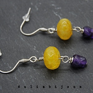 Cercei handmade eleganți - agat galben fațetat și ametist free form - bijuterie cu pietre naturale (cod1409) - bijuterii - cercei - cercei din pietre semiprețioase - Artynos.ro