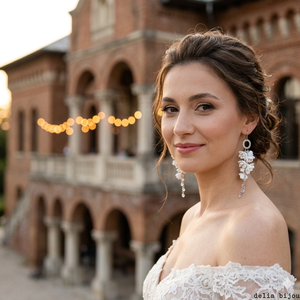 Cercei lungi handmade unicat cu flori si cristale - Ideali pentru nunta, botez, cununie (cod1300), Bijuterii, Cercei, Cercei lungi, Confectionarea bijuteriilor, ARTYNOS