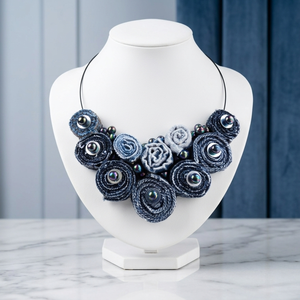 Colier Statement Handmade din Blugi Reciclati si Margele Irisate Unicat, Stil Urban-Sic (cod1414) - Artynos.ro